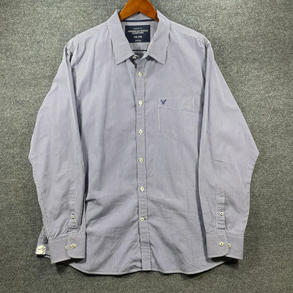 American Eagle Vintage Fit Button Up Shirt Men's XXL Blue/White Striped Preppy